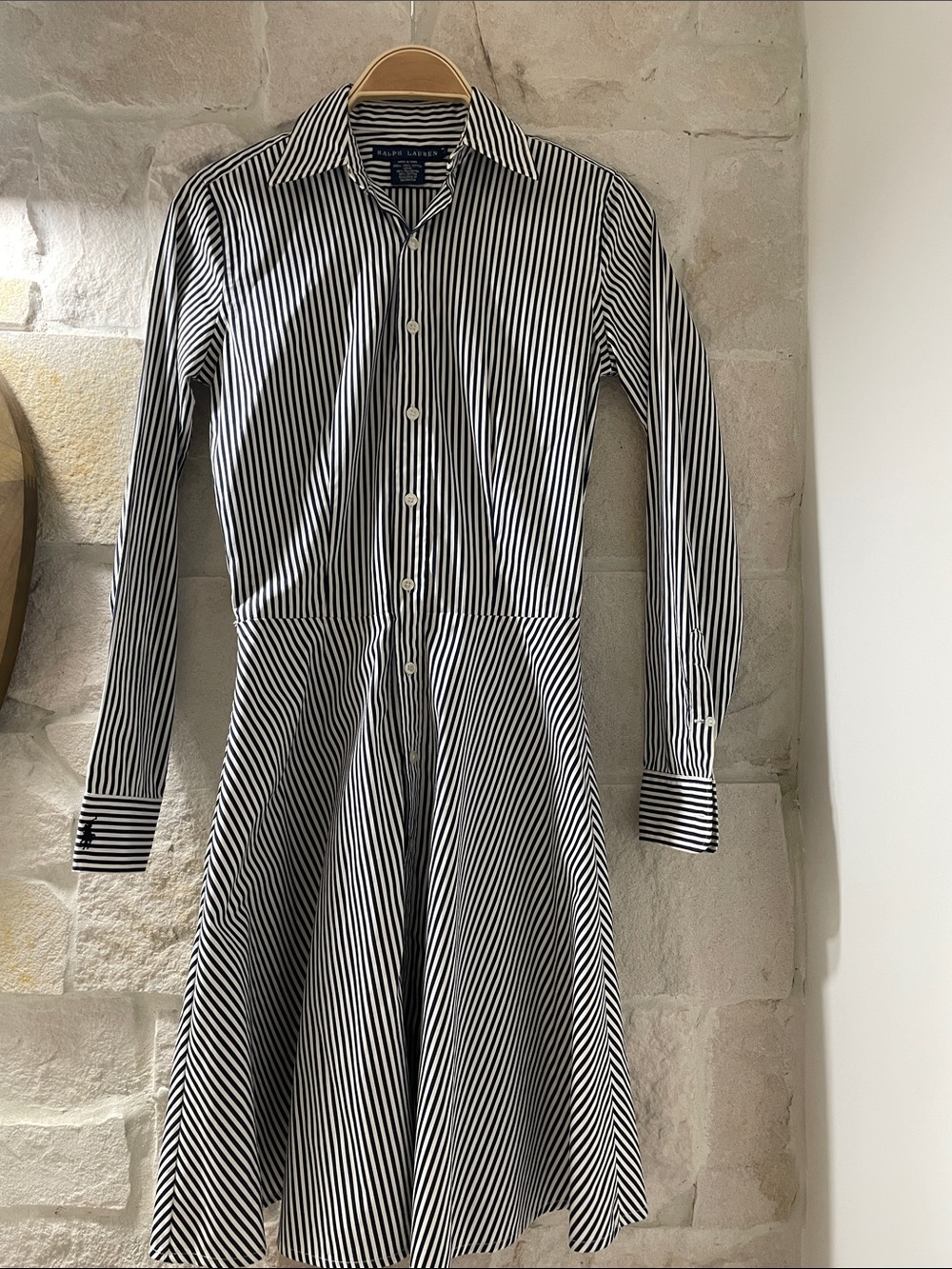 Ralph Lauren Blue and White Vertical-Stripe Long Sleeve Shirt Dress- Size 2